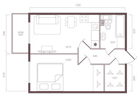 Однокомнатная квартира 40 м²