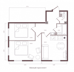 Двухкомнатная квартира 55.77 м²