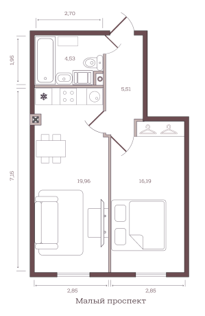 Однокомнатная квартира 46 м²
