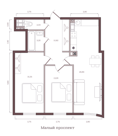 Двухкомнатная квартира 71.3 м²