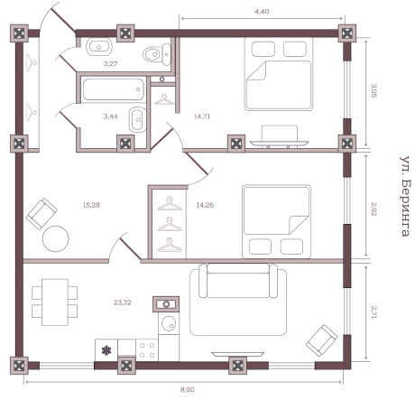Двухкомнатная квартира 73.28 м²