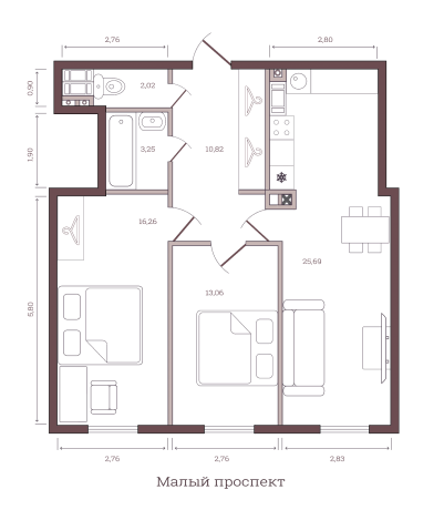 Двухкомнатная квартира 71 м²