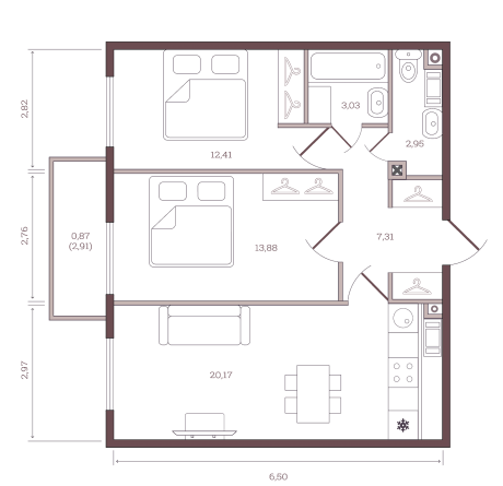 Двухкомнатная квартира 60.62 м²